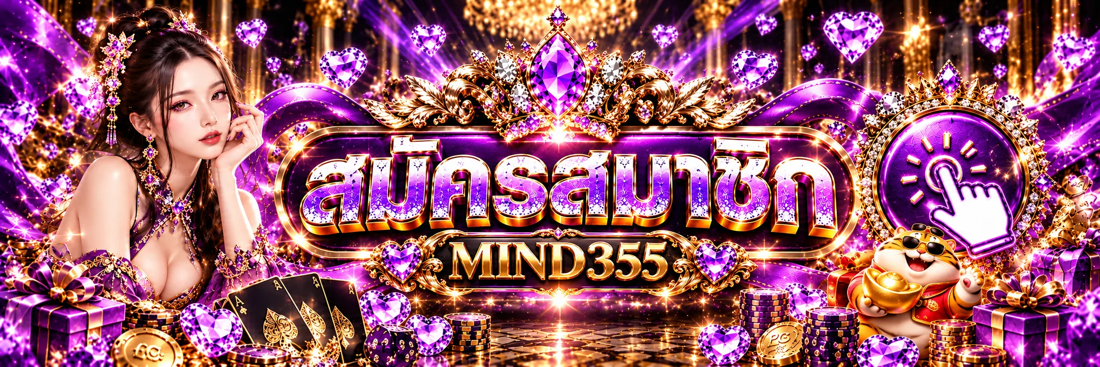 แบนเนอร์สมัครสมาชิกและทางเข้า MIND355 โทนม่วงทอง